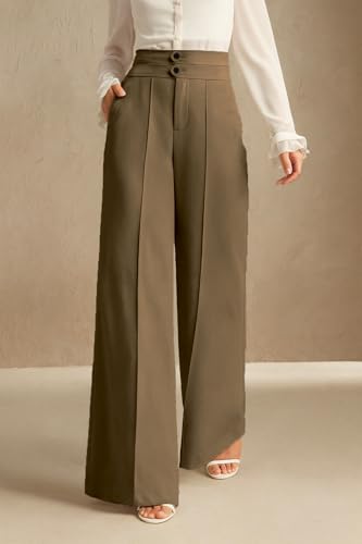 Image of SAKHWALA Women's High Waist Wide Leg Formal Trousers with Double Button Waistband | Office Wear & Casual Wear Pants with Side Pockets - Beige, Grey & Pink