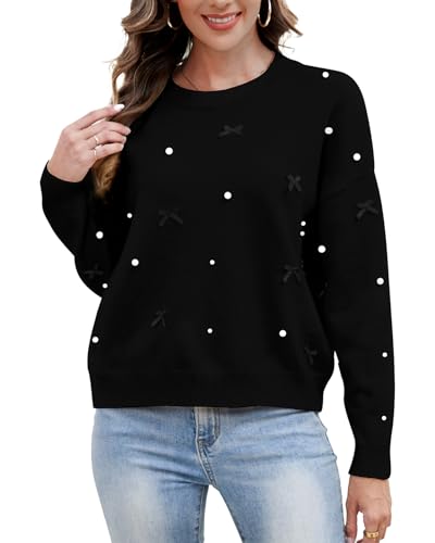 Kedera Fall Sweaters for Women Long Sleeve Crewneck Knit Embellished Bow Tops Loose Fit Y2K Casual Pullover with Pearls3