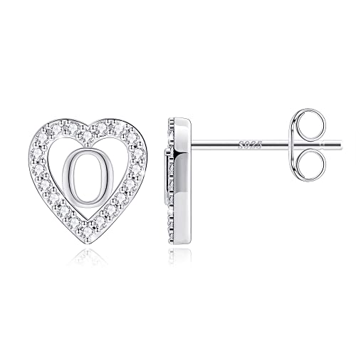 Image of Anoup S925 Sterling Silver Post Heart Initial Stud Earrings for Girls Kids | Cubic Zirconia Stud Earrings, Hypoallergenic Earrings for Girls Women, Birthday Gifts for Girls Kids Jewelry, Teen Girl Gifts