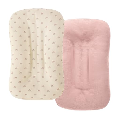 Image of HOMBYS Muslin Baby Lounger Cover 1 Pcs for Newborn, 100% Cotton Lounger Slipcover, Ultra Soft Removable Cover for Infant Lounger Pillow (Beige Rainbow,Dusty Pink)