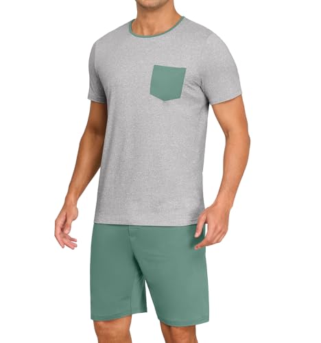 Image of PrinStory Mens Summer Pajamas Set Lightweight Pjs Sets Short Sleeve Pajama Shorts Set Soft Sleepwear Loungewear with Pockets