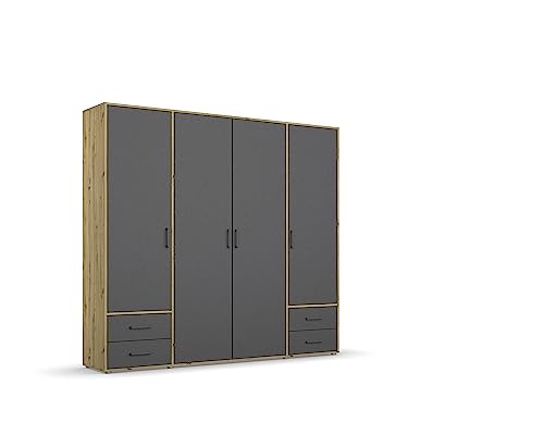 Rauch Möbel Voyager Schrank Kleiderschrank Drehtürenschrank, Grau metallic/Eiche Artisan, Holz, Schwarz, 4-türig mit 4 Schubladen, inkl. 1...
