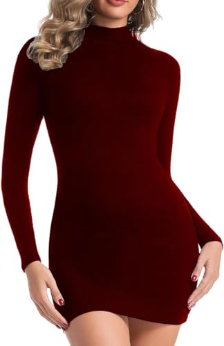 Vomidia Long Sleeve Dress for Women Fall Winter Slimming Casual Slim Fit Fashion Little Sexy Bodycon Short Dresses 2026 Womens Mini Ribbed Clothes Mock Turtleneck Vestidos Red