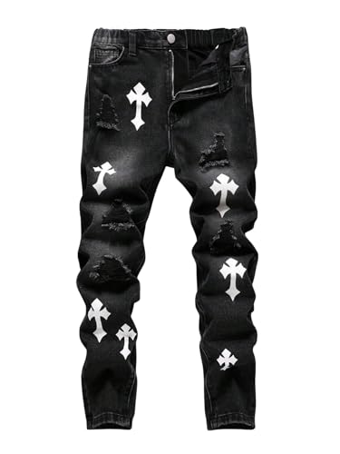 Floerns Boy's Street Denim Pants Cross Print Distressed Ripped Y2k Tapered Jeans