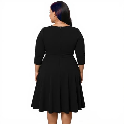 Image of Womens Plus Size Dresses Faux Wrap Summer Dress 3 /4 Sleeves V Neck 1950s Retro Vintage Wedding Party Midi Dress
