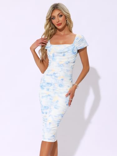 Image of Allegra K Midi Ruched Dress for Women's Cocktail Bodycon Square Neck Printed Dresses