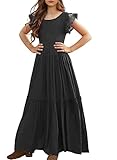 MITILLY Girls Lace Flower Ruffle Sleeve A-Line Swing Wedding Party Long Maxi Dress with Pockets 10 Years Black