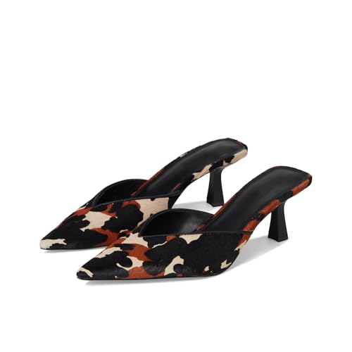 Cow Print Kitten Heel Mules for Women Pointed Closed Toe Mule Heels Slip-On Kitten Mules Comfortable Dressy Pump Shoes Wedding Elegant Casual