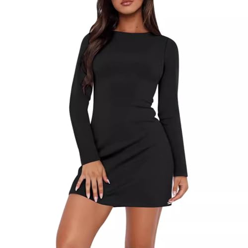 HSAJS Cuello Redondo de Mujer Vestido de Manga Larga Sexy Adelgazamiento Vestido de la Cadera Casual y Elegante Muy Encantador Adecuado para Todas Las Ocasiones