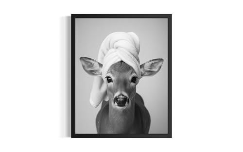 Deer and Shower Towel Poster Framed Art Print, Animal Funny
