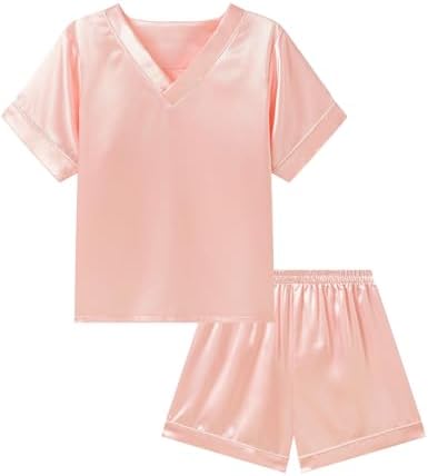 DIPUG Girls Pajamas Set Silky Satin Short Sleeve V Neck Pjs Soft Homewear Sleepwear 6-12 Years