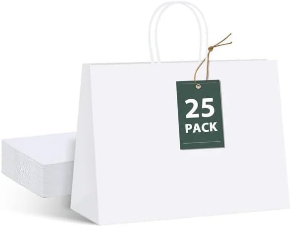 GSSUSA Bolsas de regalo de papel grandes de 16 x 6 x 12 pulgadas, 25 bolsas de papel blanco con asas, bolsa de compras para pequeñas empresas, papel