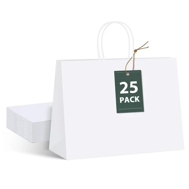 GSSUSA Large Paper Gift Bags 16x6x12'' 25Pcs White Paper Bags with Handles, Shopping Bag for Small Business, Sturdy Kraft Paper, for Boutique, Party Favor Bag, Valentine's Day Craft