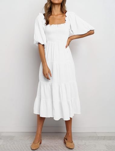 R.Vivimos Women's Summer Cotton Lantern Sleeves Ruffled Off Shoulder A-Line Midi Dresses3