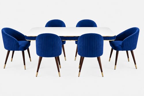 Image of WOODEN SPACE 6-Seater Wooden Dining Table Set | Nano Composite Marble Top | Solid Wood Base | Modern Dining Room Furniture with 6 Chairs (Navy Blue)