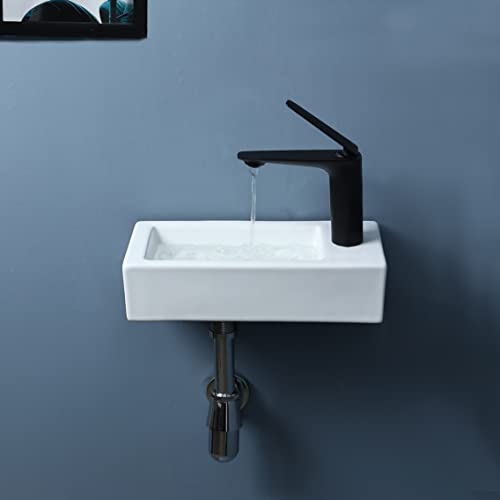 Bathivy Corner Sink Bathroom Wall Mount Sink Rectangle White Ceramic Porcelain Sink Small Cloakroom Sink Wall Hung Vanity Vessel Sink Wash Basin With Faucet Hole And Drain (15"Lx7.5"W(Right Hand)) #TOP7
