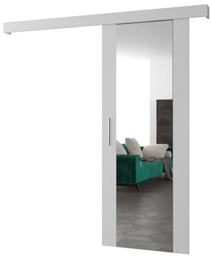 MEBLE KRYSPOL Salwador 2 Schiebetürsystem mit Schienenkappe und Spiegel - Innenwand-Schiebetüren - Solide Konstruktion - 70x204 cm - Weiß Weiß Silber