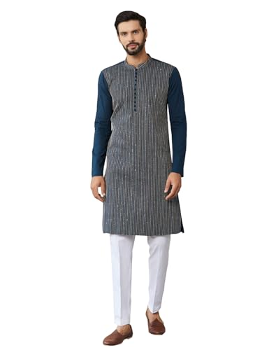 See Designs Men's Long Sleeve Mandarin Collar Side Slit Dark Blue Thread & Sequin Worked Pure Cotton Straight Kurta - Sdkt2534Xxl
