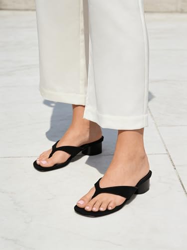 Image of vivianly Women's Suede Low Chunky Block Heel Flip Flops Square Toe Thong Heeled Sandals Casual Slip On Mules for Work Beach Casual Outings