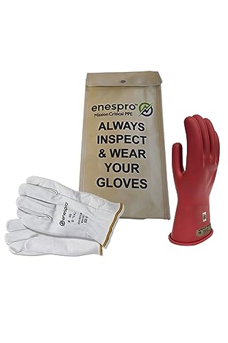 Enespro Class 00 Red Rubber Voltage Insulating Glove Kit with Leather Protectors, Max. Use Voltage 500V AC/ 750V DC (KITGC00R09)