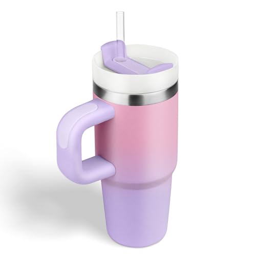 Bestaa 14oz Tumbler mit Griff und Stroh Thermobecher mit Strohhalm Verlauf Tumbler mit Deckel und Stroh 304 Edelstahl Schule Sport im FreienFarbverlauf Rosa-Lila