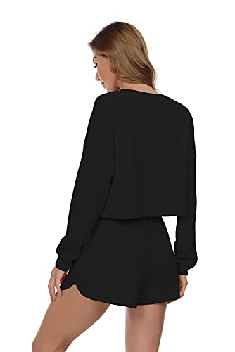 JINKESI Women's Waffle Knit Pajama Set Long Sleeve Top and Shorts Lounge Sleepwear with Pockets Black-Large - Image 4