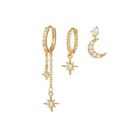 SHUOHONG 3 Pièces Boucles D'oreilles Femme, Boucles D'oreilles Pendantes Étoile de Lune, Creoles Or Femme, Zircon Creoles Hypoallergénique Earings Set, Cartilage Creoles avec Chaîne