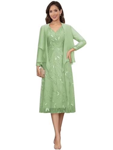 Image of 2 Pieces Mother of Bride Dresses with Jackets - Sequin Lace Chiffon A-Line Tea Length Formal Evening Dresses for Women