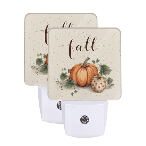 Image of Pumpkin Fall Autumn Flowers Sunflowers LED Plug-in Night Lamp 2 Piece Set, Auto Sensor Nightlights Set of 2 for Bedroom Bathroom