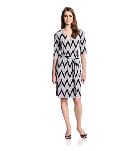 MSK Women's Elbow-Sleeve Shoelace-Neck Chevron Print Dress