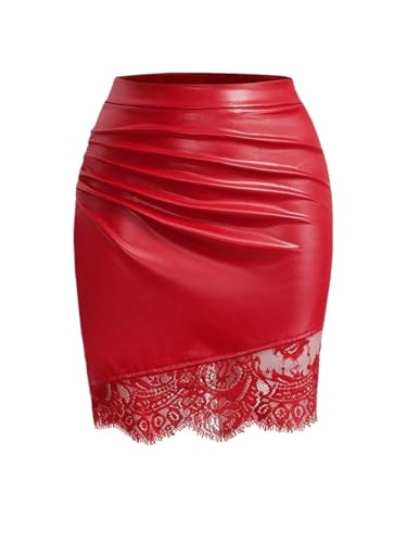 Women's Basic Mini Skirt Ruched Lace & PU Leather Red Skirt