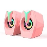 Computer Speaker RGB Pink Game led Speaker for PC 2.0 Wired USB Powered Stereo Volume Control Dual Channel Multimedia AUX 3.5mm for Laptop Desktop Display, 6W