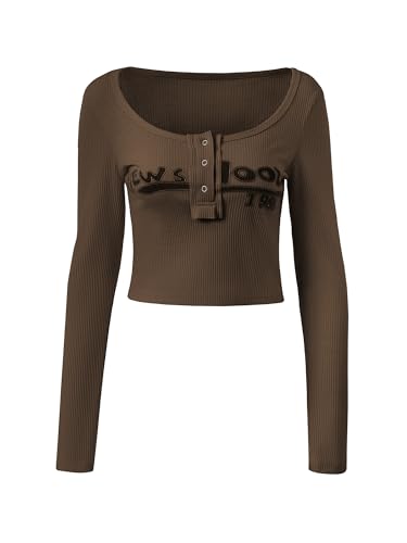 Image of Womens Lace Long Sleeve Top Paneled Henley Shirts Y2k 2000s Fitted Going Out Tops Blouse