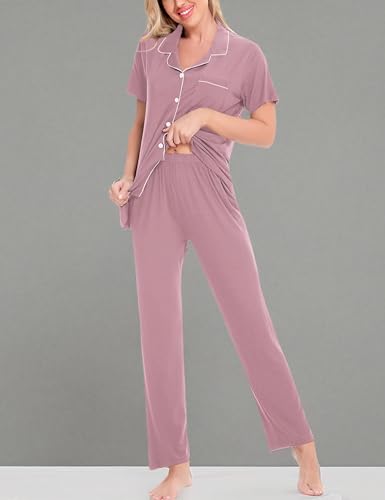 Image of SWOMOG Women Pajama Sets Two-Piece Nightwear Short Sleeve Sleepwear Button Down Pj Lounge Sets with Long Pants