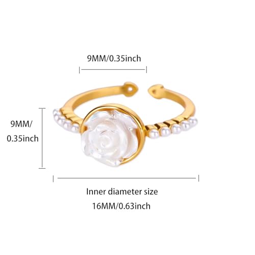 Kokoma Rose Flower Ring for Women Pearl Floral Open Statement Stacking Ring Promise Engagement Rings Adjustable Wedding Band Anniversary Dainty Jewelry4