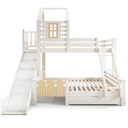 Haus-Etagenbett mit Rutsche, Schublade und 90/140 x 200 cm