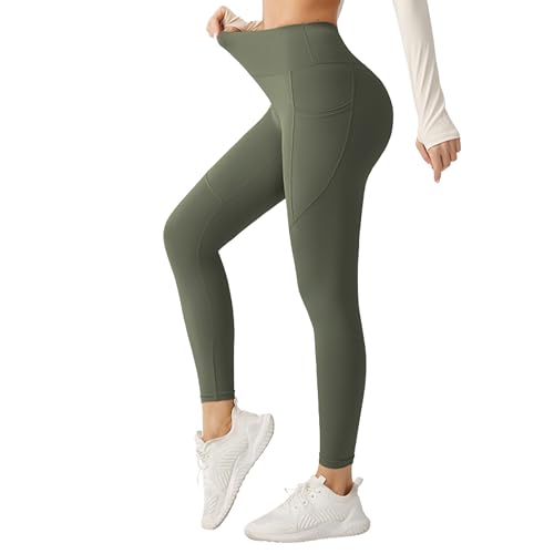 ZENYA Women’s High Waisted Leggings with Pockets – Ultra-Soft Yoga Pants for Workout & Running (XL, Olive)