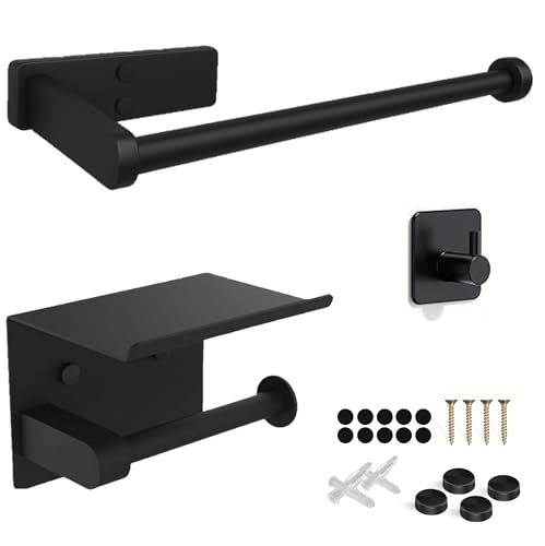 Conjunto Accesorios de Baño Adhesivos y Tornillos, Portarrollos con Estante Negro Mate, Toallero de Baño sin Taladro Negro y Gancho, Acero Inoxidable, Agujeros Invisibles, Diseño Moderno y Elegante