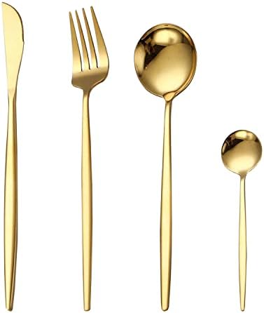 Wonctoc Gold Cutlery Set 24 Piece Stainless Steel Flatware Silverware Set Fine Mirror Gold Finish and Dishwasher Safe Golden Cutlery Set Including Knife Fork Spoon for 6 People