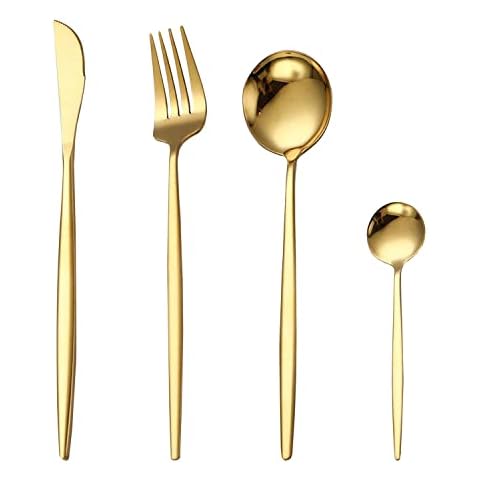 Besteck Gold 6 Personen, 24 Teilig Elegant Vergoldetes Messer Gabel Löffel Geschirrset Set Spülmaschinenfest Cover