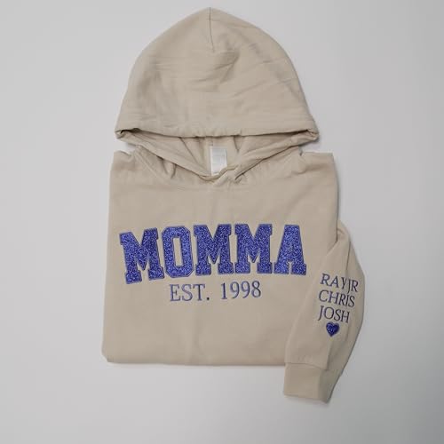 NAZENTI Personalized Embroidered Glitter Mama Sweatshirt With Kid Names On Sleeve, Mother’s Day Pullover, Grandma Crewneck, New Mom Apparel, Women’s Holiday Sweater, Gifts For Mothers Day D03