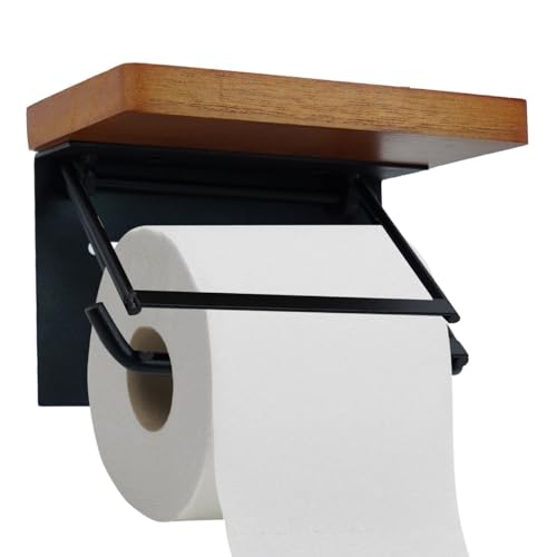 KKLM トイレットペーパーホルダー 壁掛け式木製トイレットペーパーホルダー 棚付き 紙巻器 小物置き 取り付け簡単 汚れに強い天板 おしゃれ トイレや浴室に最適