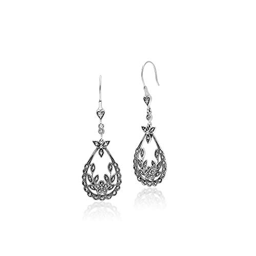 Sterling Silver 925 Marcasite Ear Wire Floral Dangle Earrings