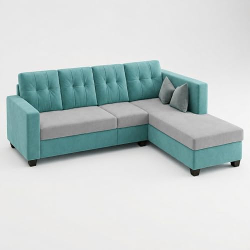 Image of FURNY Nathan 5 Seater L Shape Sofa Set RHS (Sky Blue-Light Grey) | Suede Velvet Finish | Durable Comfort Sofa for Modern Living Room & Office Spaces