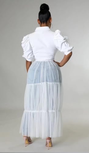 Image of Ekaliy Women's Casual Mesh See Through Shirts Long Dresses with Belt V Neck Button Down Club Party Outfit