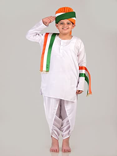 Image of BookMyCostume Tricolor Turban and Stole with Dhoti Kurta Indian Patriotic Independence Day Kids Fancy Dress Costume 12-14 years