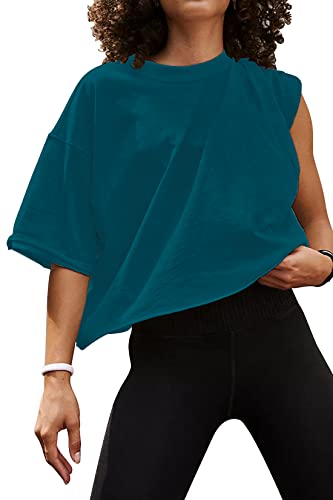 Image of HUGOOME Womens Oversized Workout Crop Top Casual Short Sleeve Boxy Roll Hem | Basic Half Split Sleeve Drop Shoulder Loose Yoga Running Gym Tee Cropped T-shirt Solid Trendy Relaxed Daily Tee
