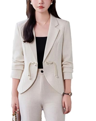Womens Elegant Pant Suit with A Long Sleeve Single Button Notched Blazer and Slim Fit Flare Pants with Buckle Detail