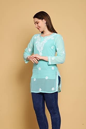 Image of Ada Women's & Girl's Georgette Hand Embroidered Lucknow Chikankari Regular Fit Short Kurti Top with Slip A911300