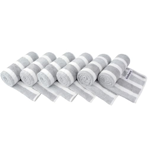 KinHwa Gray Bathroom Hand Towels, Microfiber, Gray Stripe, 6 Pack